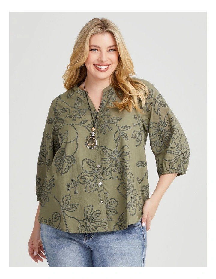 Cotton Laser Cut Print Top in Cypress Green image 1