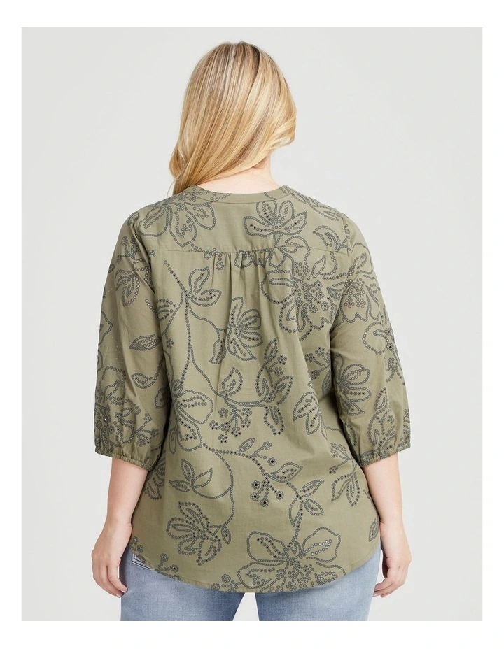 Cotton Laser Cut Print Top in Cypress Green image 2