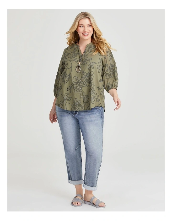 Cotton Laser Cut Print Top in Cypress Green image 3