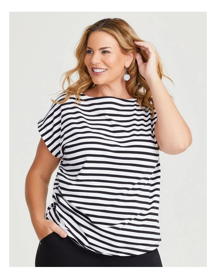 Cotton Drape Waist Stripe Top in Black/Off White image 1