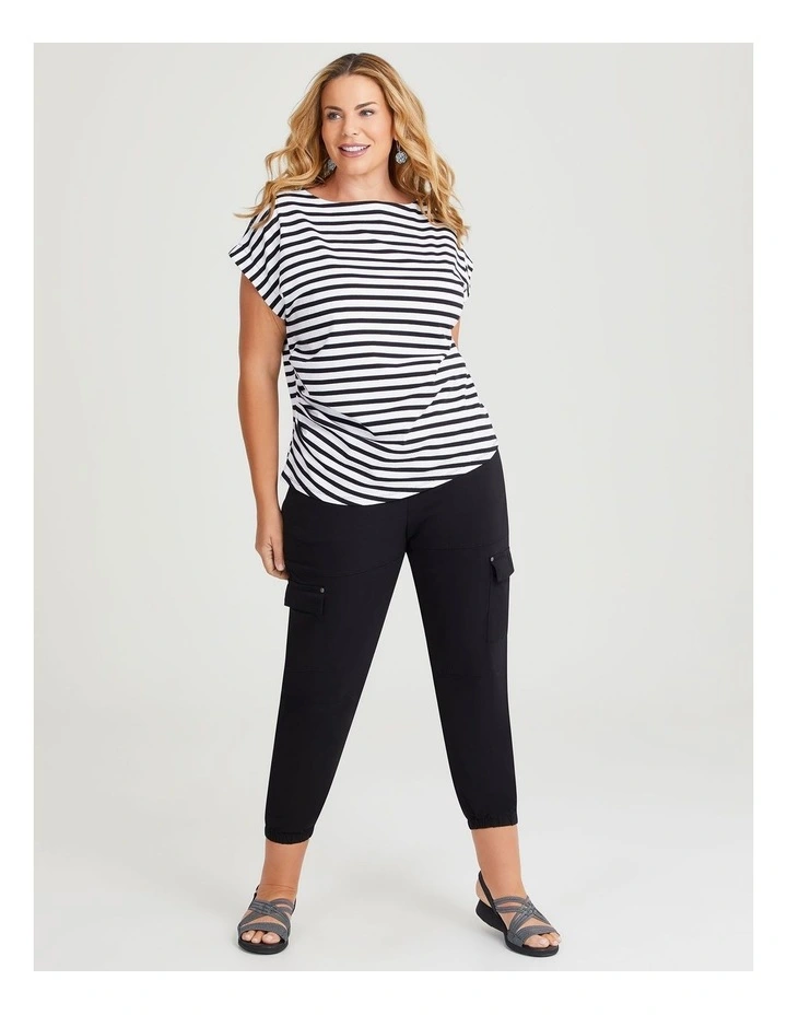 Cotton Drape Waist Stripe Top in Black/Off White image 3