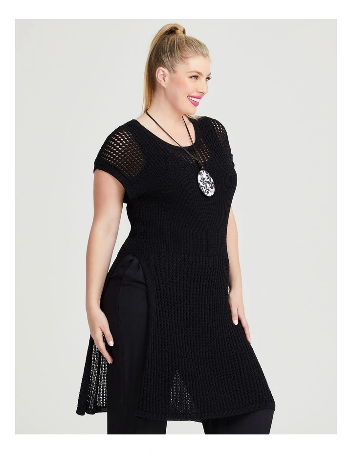 Pointelle and Rib Knit Tunic in Black image 1