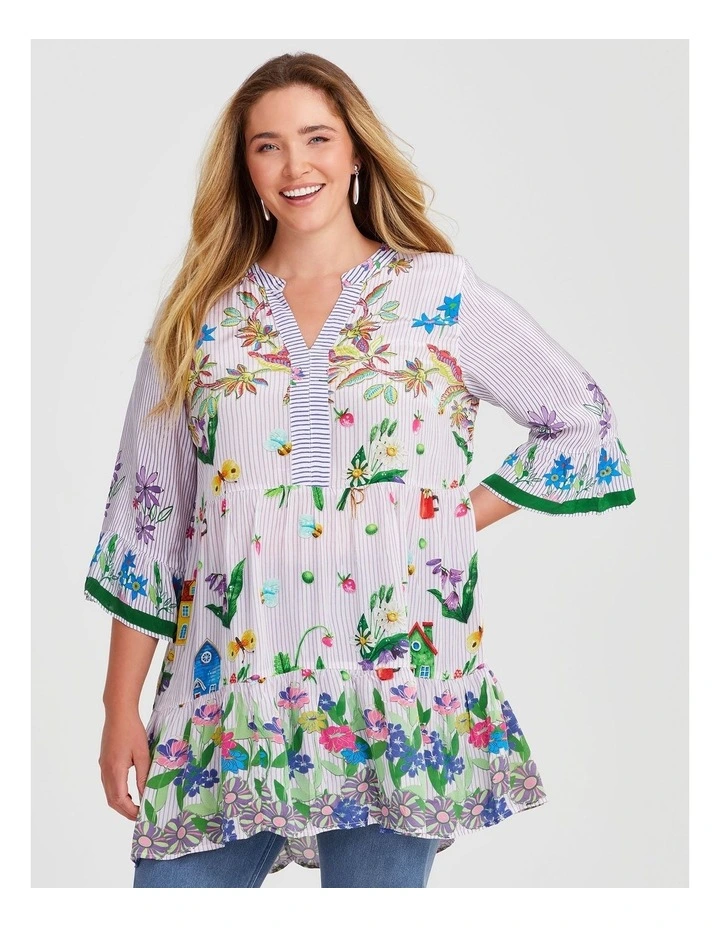 Natural Floral Stripe Tunic in Multi image 1