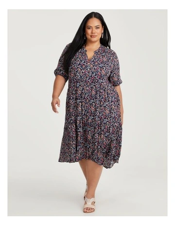 Natural Midi Print Dress in Navy