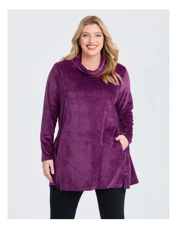 Velour Cowl Neck Tunic Purple Plum