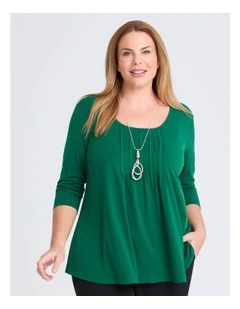 Pintuck 3/4 Sleeve Top in Forest Green