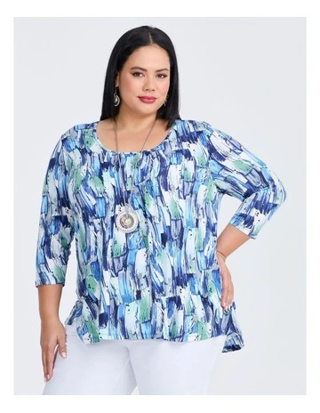 Printed Pintuck 3/4 Sleeve Top in Blue/White
