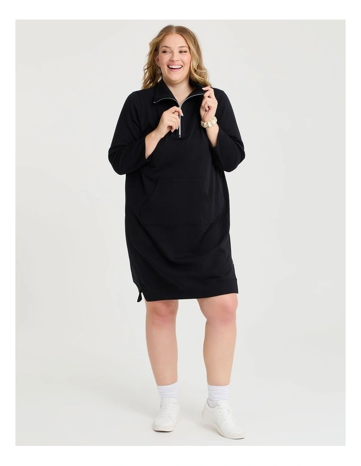 Zip Collar Long Sleeve Sweat Dress in Black image 1