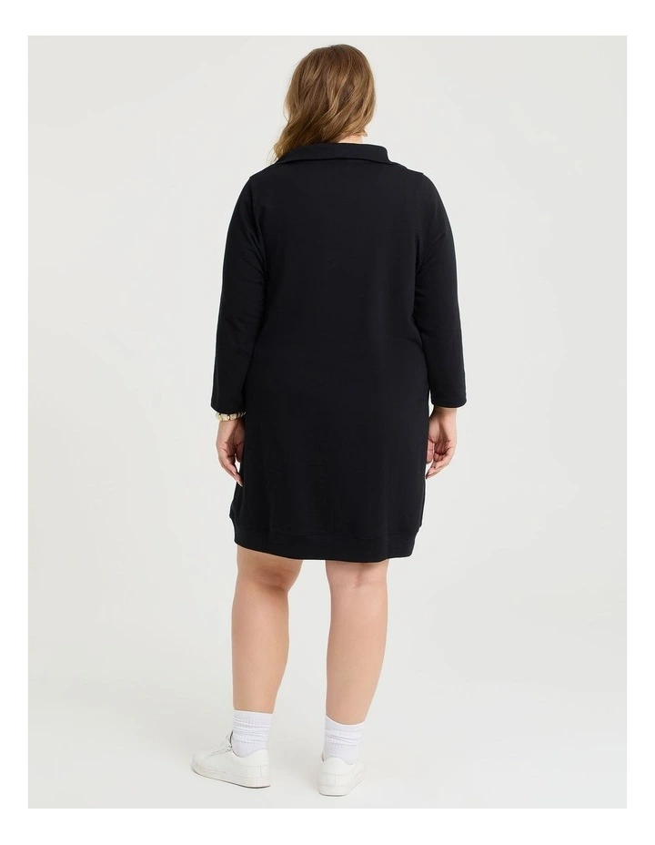 Zip Collar Long Sleeve Sweat Dress in Black image 2