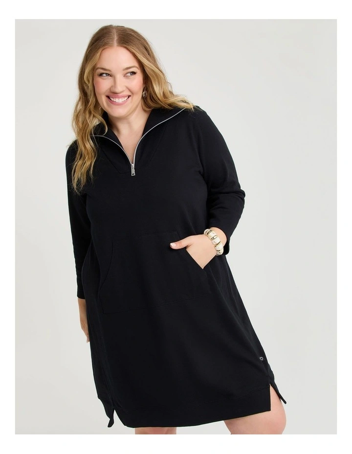 Zip Collar Long Sleeve Sweat Dress in Black image 3