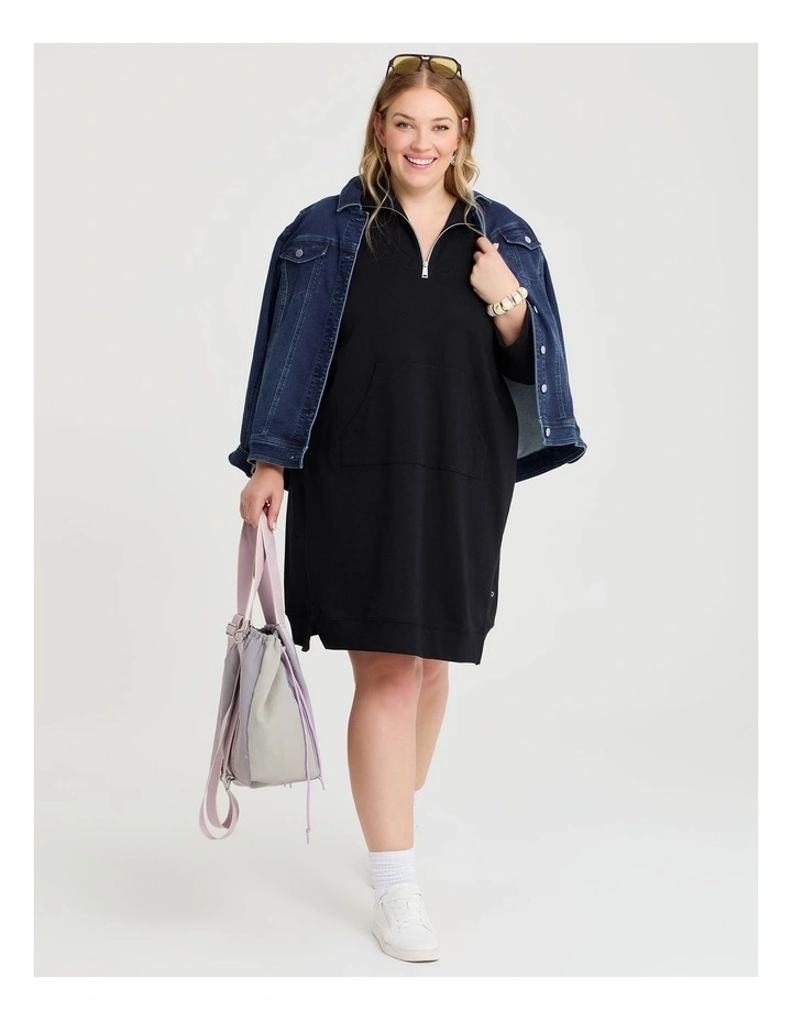 Zip Collar Long Sleeve Sweat Dress in Black image 4