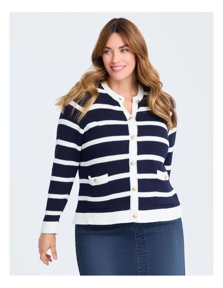 Cotton Buttoned Stripe Cardigan in Multi image 3