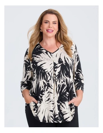Piia Pleat Front Luna Top in Black Palm Print