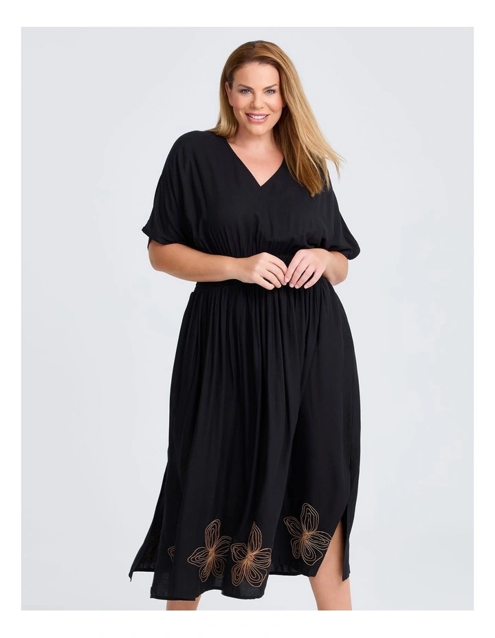 Natural Raya Embroidery Dress in Black image 3