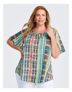 Tie Front Shirring Natural Top in Green Check