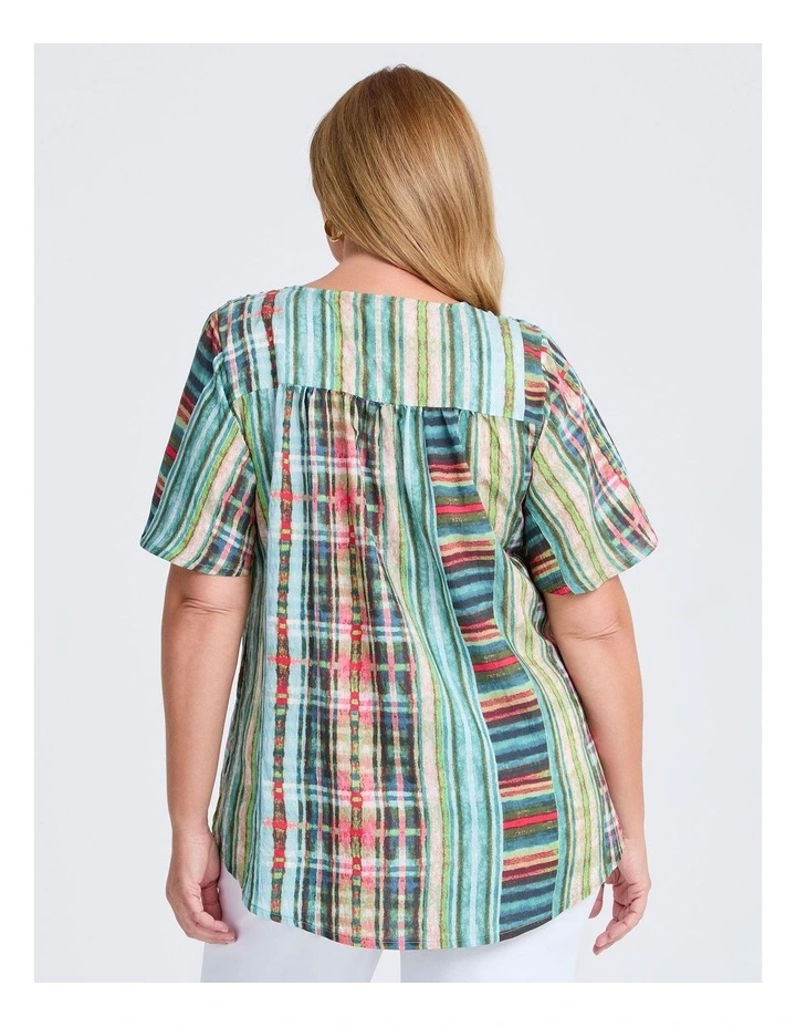 Tie Front Shirring Natural Top in Green Check image 2