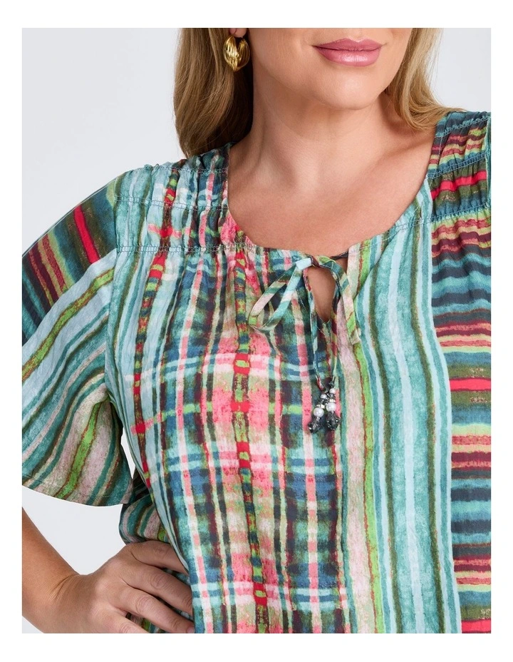 Tie Front Shirring Natural Top in Green Check image 3