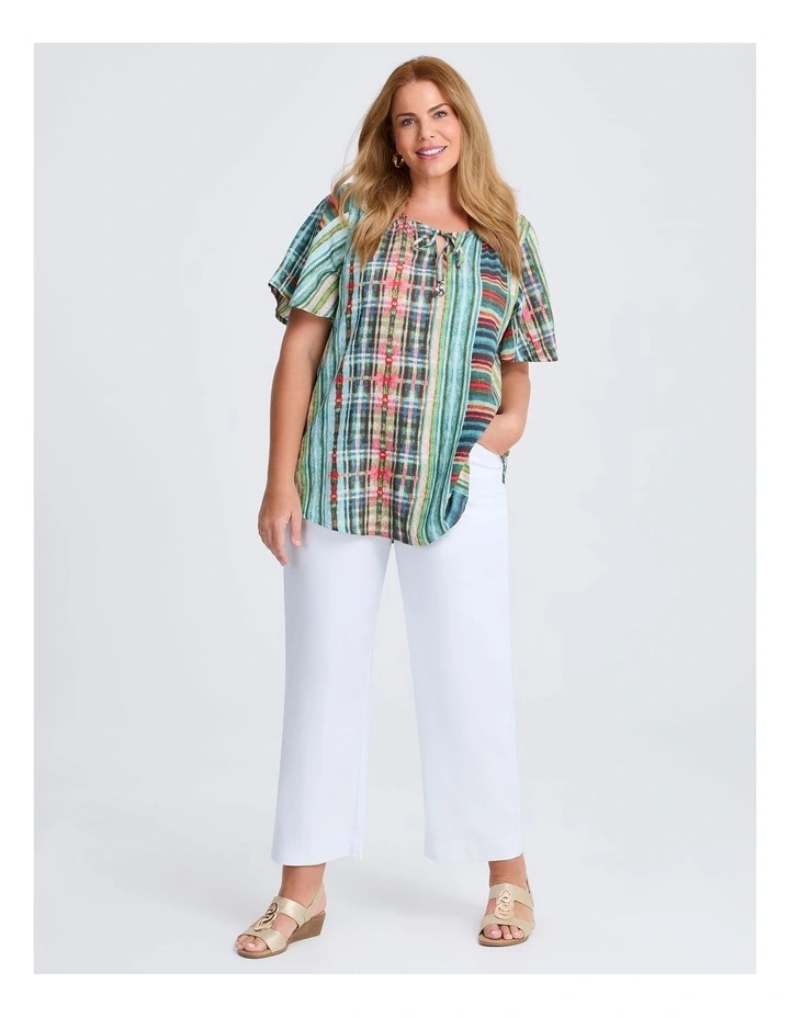 Tie Front Shirring Natural Top in Green Check image 4
