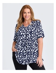 Piia Pleat Front Luna Top in Navy White Print