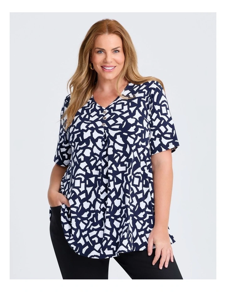 Piia Pleat Front Luna Top in Navy White Print image 1