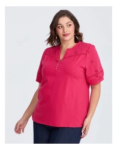 Cotton Broderie Puff Sleeve Top Radiant in Raspberry