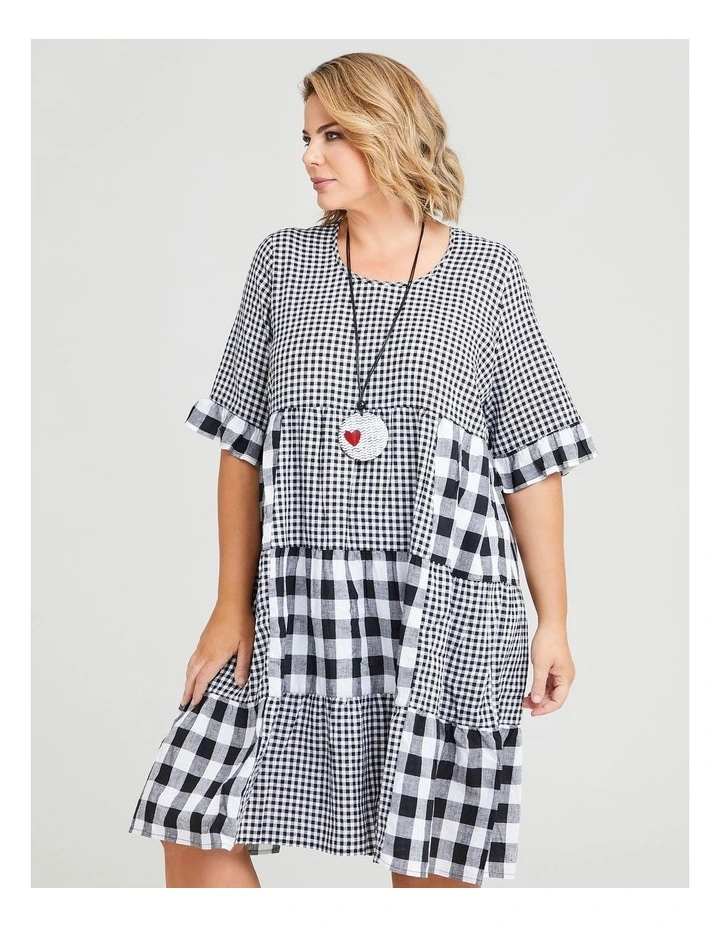 Linen Check Mate Tiered Dress in Multi Check image 3