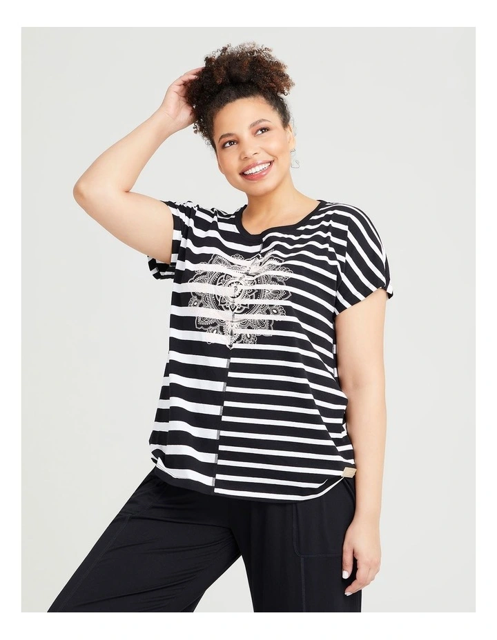 Cotton Mandala Stripe Tee in Black/White Stripe image 1