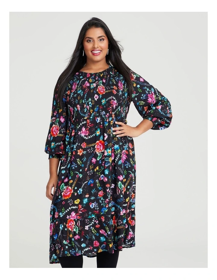 Natural Shirred Floral Dress in Multi image 1