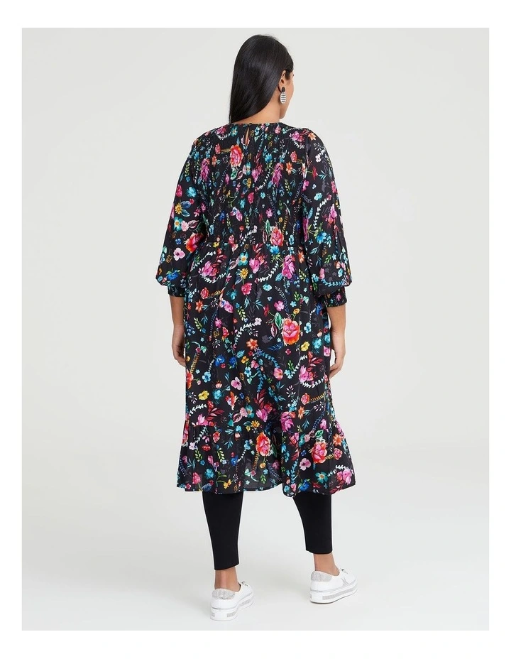 Natural Shirred Floral Dress in Multi image 2