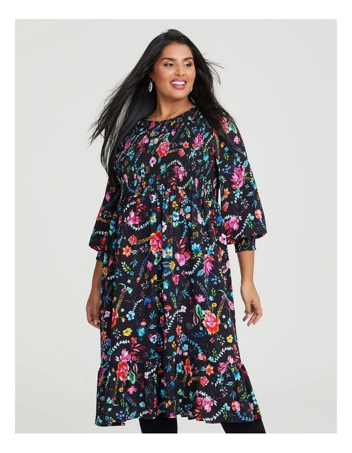 Natural Shirred Floral Dress in Multi image 3