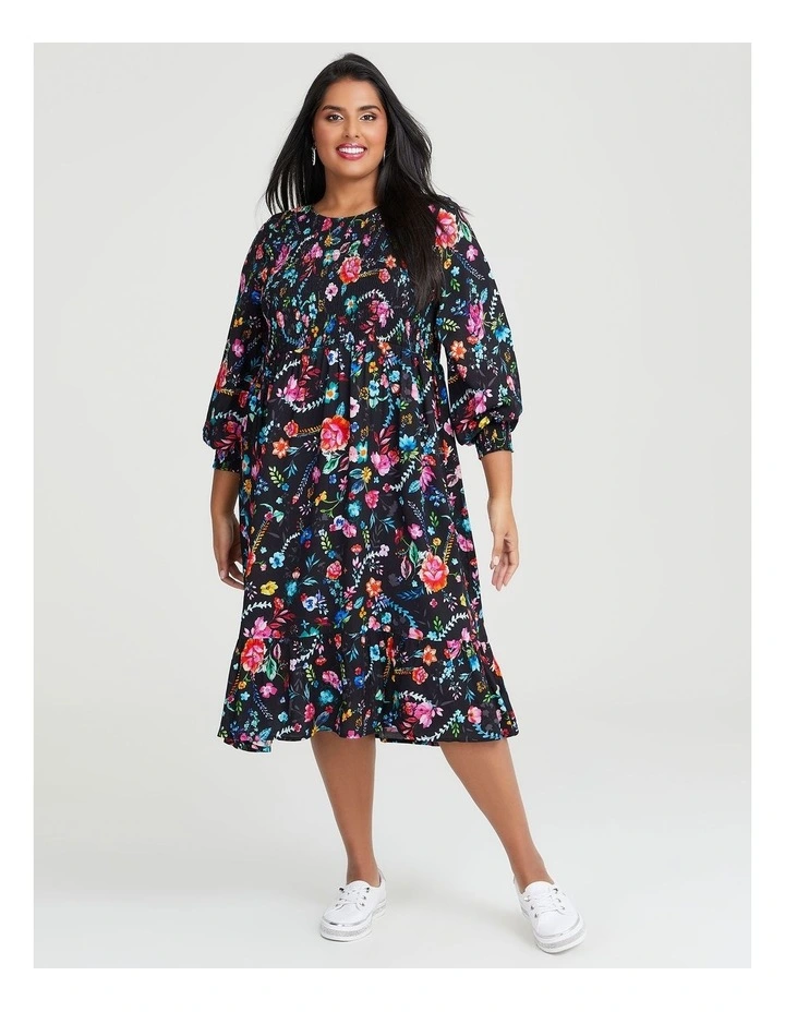 Natural Shirred Floral Dress in Multi image 4