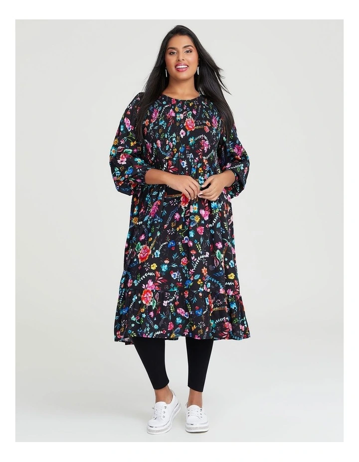 Natural Shirred Floral Dress in Multi image 5