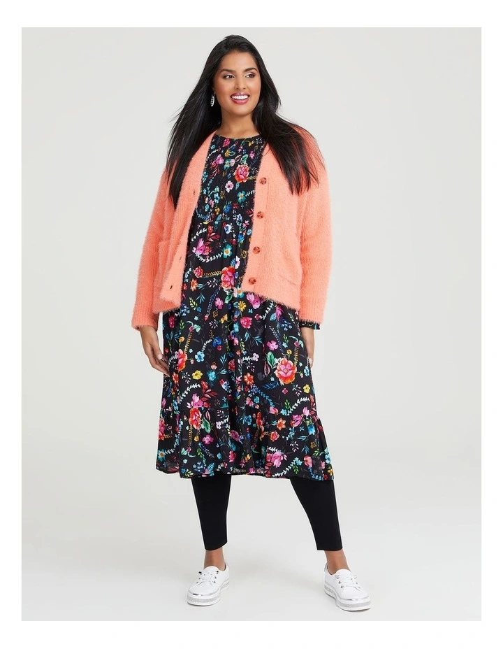 Natural Shirred Floral Dress in Multi image 6