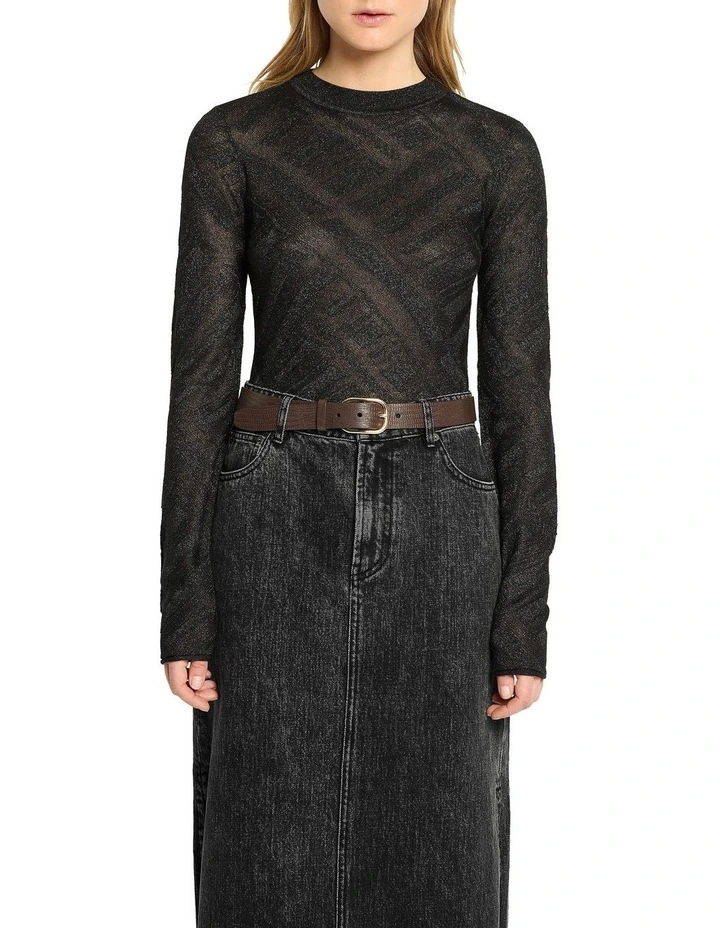 Sheer Geo Crewneck Knit Top in Black image 1