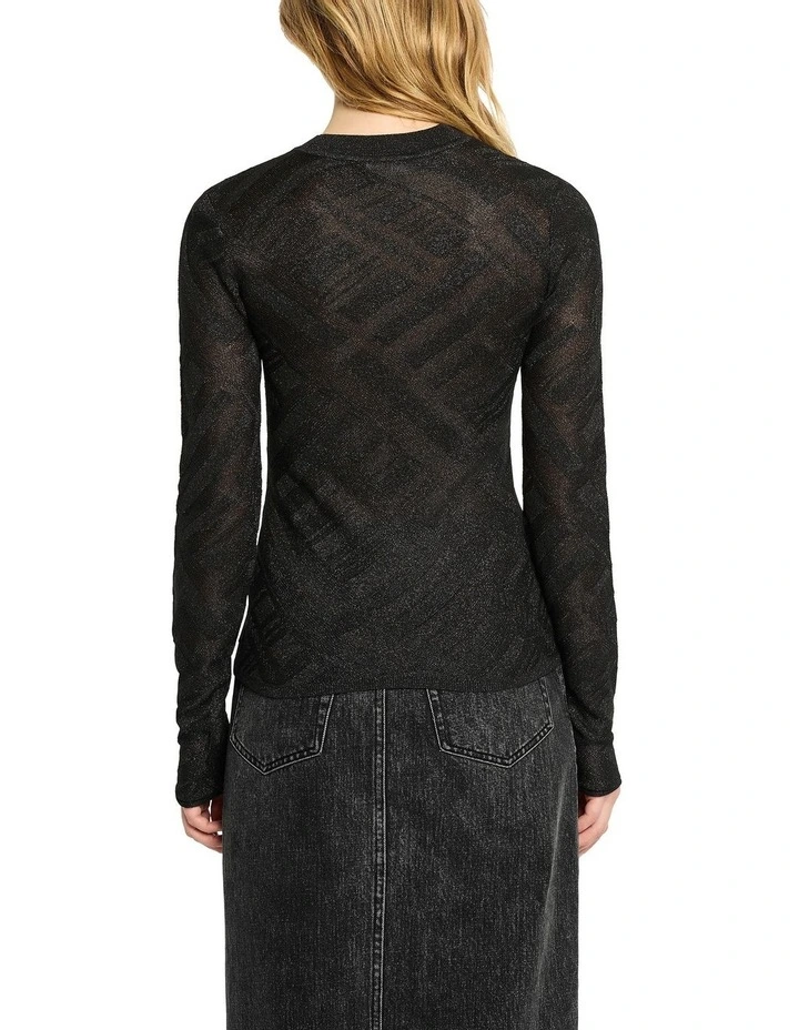 Sheer Geo Crewneck Knit Top in Black image 2