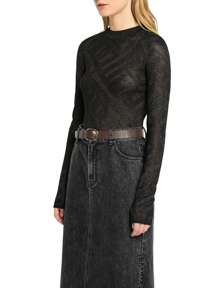 Sheer Geo Crewneck Knit Top in Black image 4