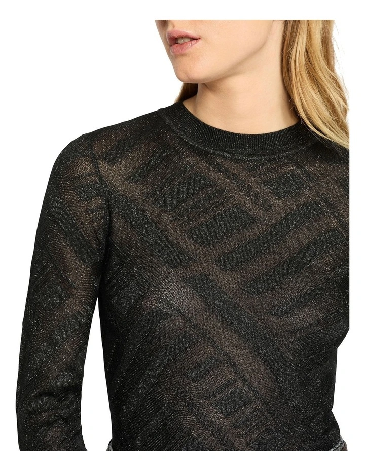 Sheer Geo Crewneck Knit Top in Black image 5