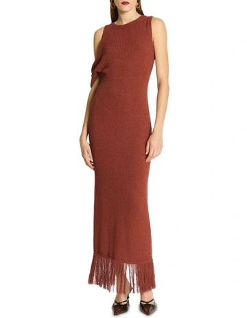 Vega Fringe Trim Knit Dress in Brown