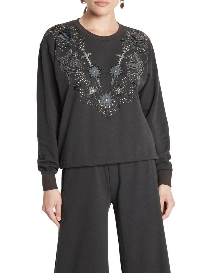 Every Other Day Embroidered Jewel Sweatshirt in Washed Black image 4