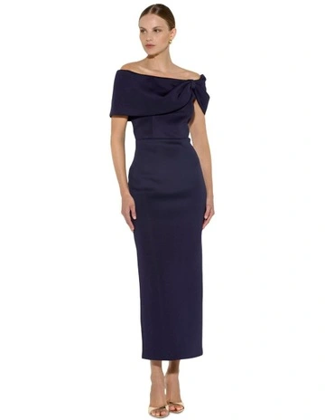 Finlay Scuba Off the Shoulder Cocktail Midi Dress in Navy