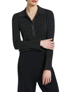 Shellee Long Sleeve Knit Polo in Black