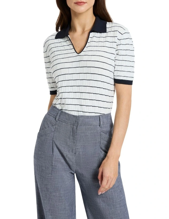 Mieah Cotton Polo Knit in White/Navy image 1