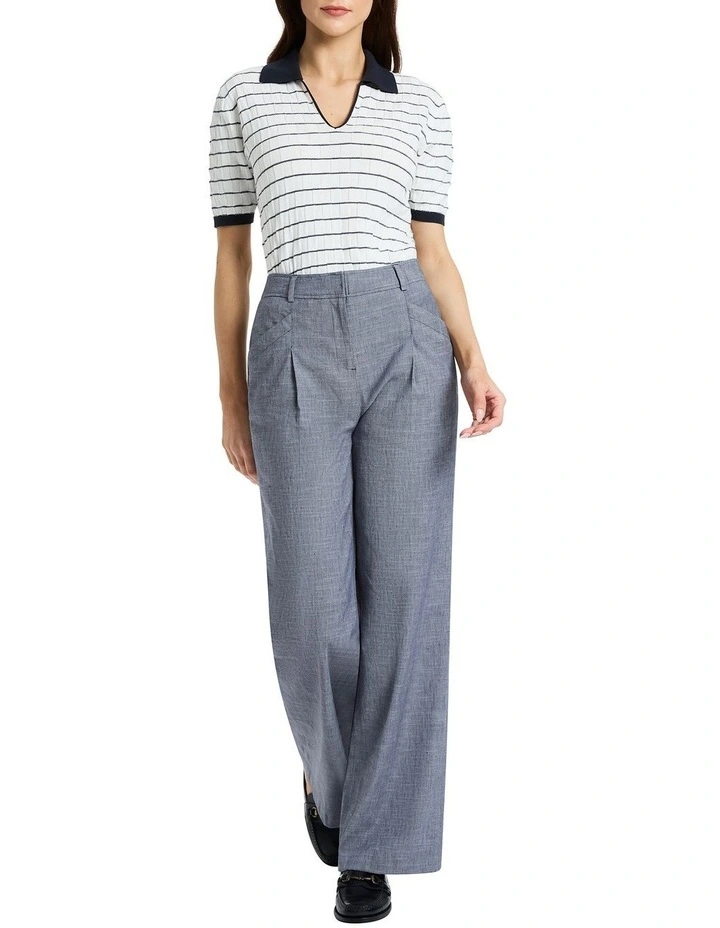 Mieah Cotton Polo Knit in White/Navy image 2