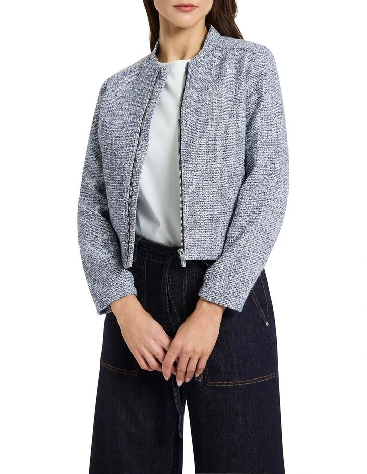 Cintia Tweed Bomber Jacket in Ivory/Blue image 1