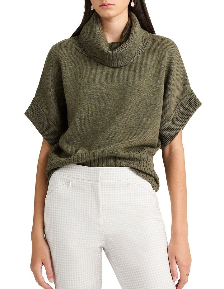 Roll Neck Gilet Knit Top in Pesto image 3