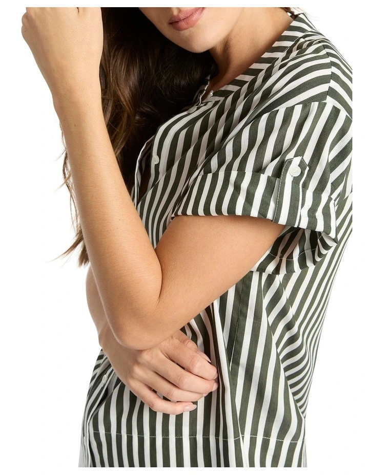 Cerys Stripe Boxy Blouse in Moss/White image 4