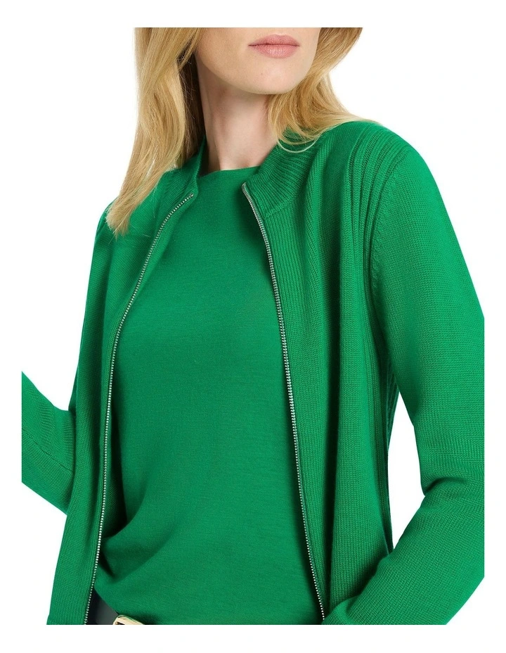 Zip Thru Merino Cardigan in Green image 3