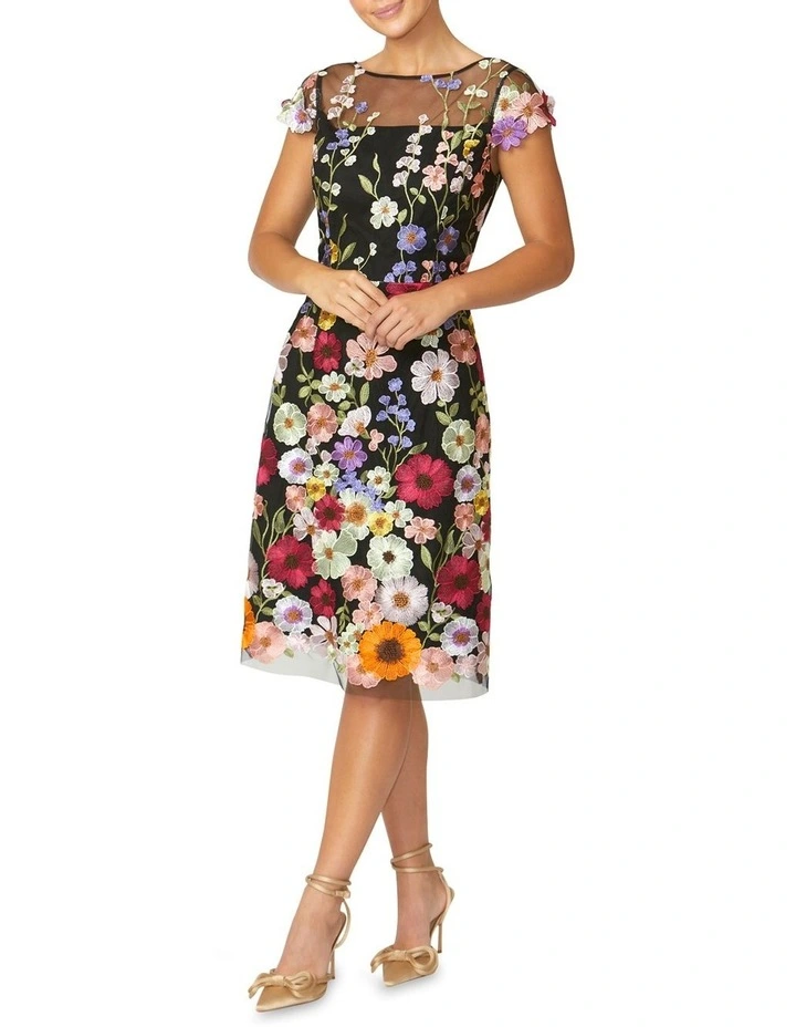 Dahlia Floral A-line Dress in Black Multi image 3