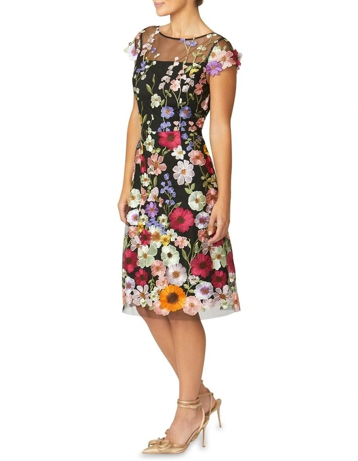 Dahlia Floral A-line Dress in Black Multi image 5