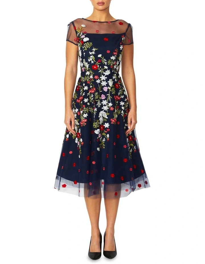 Leila Embroidered A-Line Dress in Navy image 1